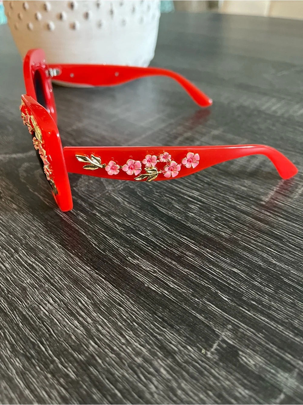 Red Cat Eye Sunglasses w/Floral accent